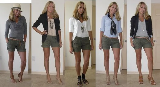 Olive shorts, 5 ways.
