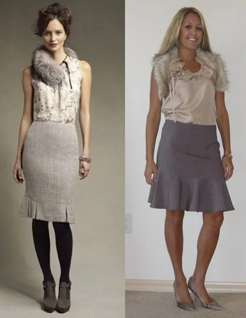 Occasion: Would you wear this look to work? Shirt: J.Crew, $40 Faux fur shrug: Limited, $25 Skirt: To the Max/Kansas boutique (from college) Shoes: Boutique 9, $70 Earrings: Urban Outfitters, $5 Bracelet: Banana Republic, $13 Photo left: My inspiration from Talbots.com. I'm loving the outfits they recently featured on their website! 