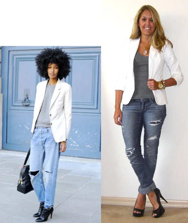 Inspiration photo: Lucky magazine Blazer: Famous Catalog c/o MJR Sales.com , $35 ( http://www.mjrsales.com/?ref=4 ) Shirt: American Eagle, $15 Jeans: American Eagle, $33 Shoes: Steve Madden/Ross, $20 Necklace: Banana Republic, $20 Charm: c/o Stella & Dot, $19 ( http://tinyurl.com/3v4vzbx ) Watch: Michael Kors, family gift ( http://amzn.to/p3tIQV ) Bracelet: Forever 21, $10