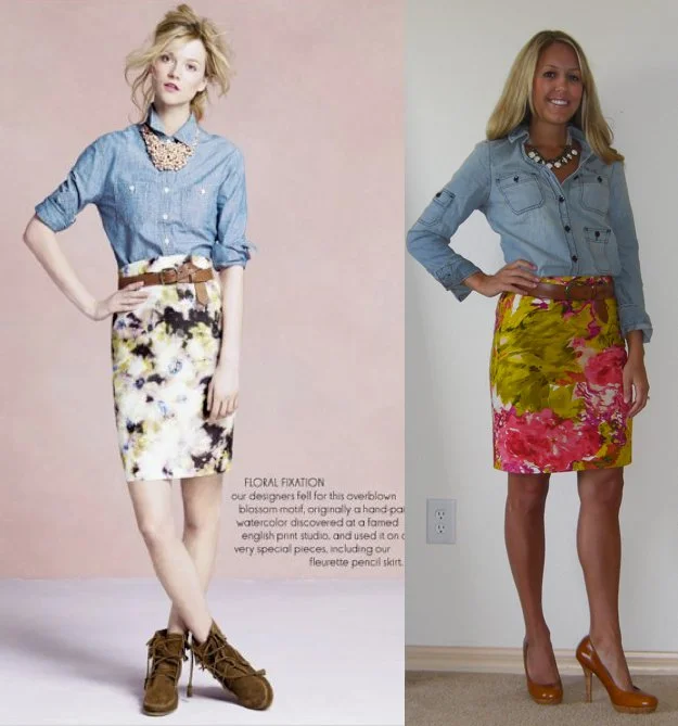 Occasion: Work Shirt: Gap, $14 ( http://www.gap.com/browse/product.do?cid=34609&vid=1&pid=760849&scid=760849002 ) Skirt: J.Crew, $48 Belt: H&M Shoes: Restricted/Endless.com, $39 Necklace: Urban Outfitters, $15 Photo left: My inspiration from JCrew.com !