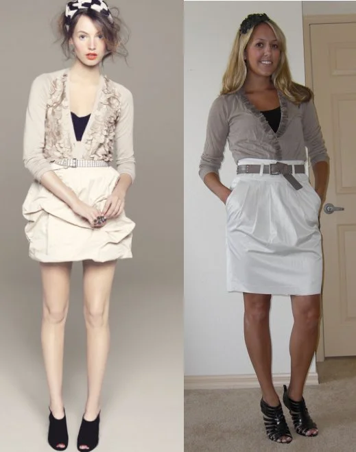 Sweater: J.Crew, $40 Black tank: Forever 21, $6 Skirt; Banana Republic, $40 Belt: Gap, $3 Shoes: TJ Maxx/Michael Antonio, $16 Headband: Shecky's (Boston), $20 Photo left: My inspiration from JCrew.com