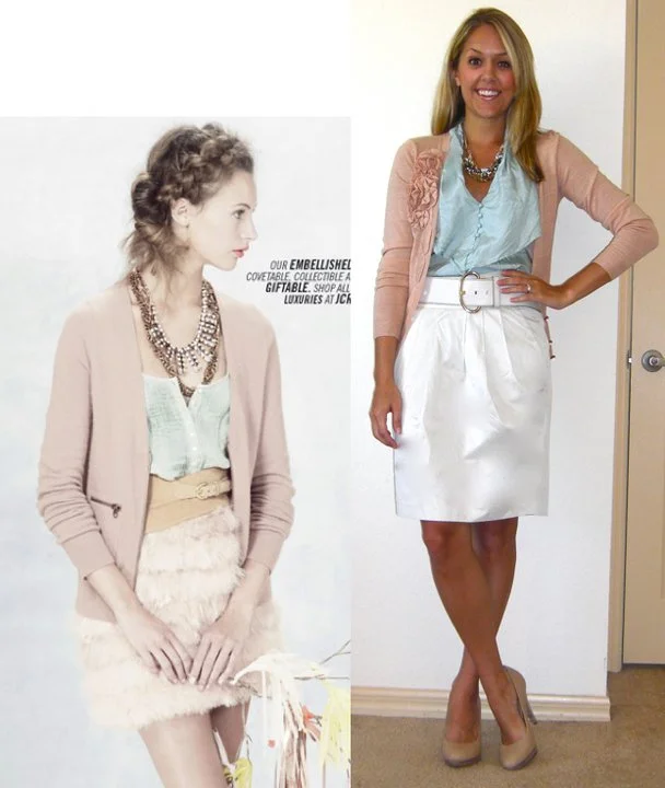 Occasion: Work Inspiration photo: J.Crew Sweater: New York & Company, $22 Shirt: Banana Republic, $18 Skirt: Banana Republic, $50 Belt: Banana Republic, $10 Necklace: Banana Republic, $25 Shoes: Banana Republic, $22
