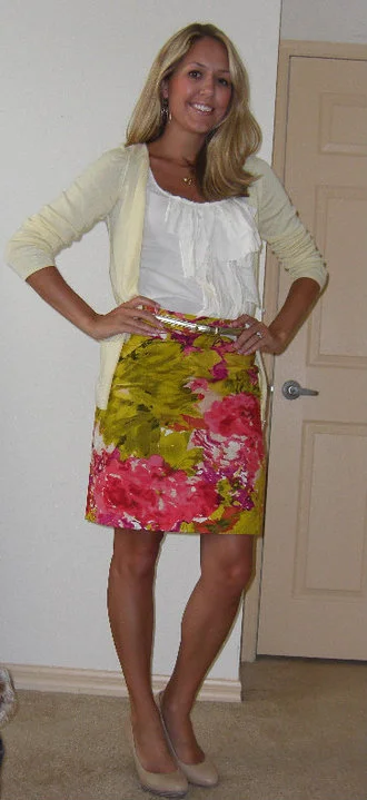 Shirt: J.Crew, $20 Cardigan: Banana Republic, $14 Skirt: J.Crew, $48 Belt: Limited, $20 Shoes: Banana Republic, $20 Necklace/earrings: Banana Republic