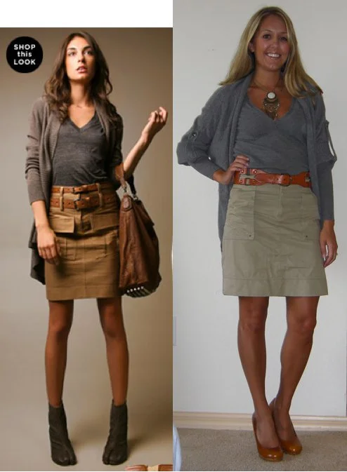 Occasion: Work V-neck sweater: American Eagle, $20 Cardigan sweater: Banana Republic, $25 Skirt: Banana Republic, $35 Belt: Gap, $40 Necklace: H&M, $8 Shoes: Restricted/Endless.com, $29 Photo left: Shopbop.com is one of my favorite websites for inspiration. I love the "lookbooks" they have on their site.