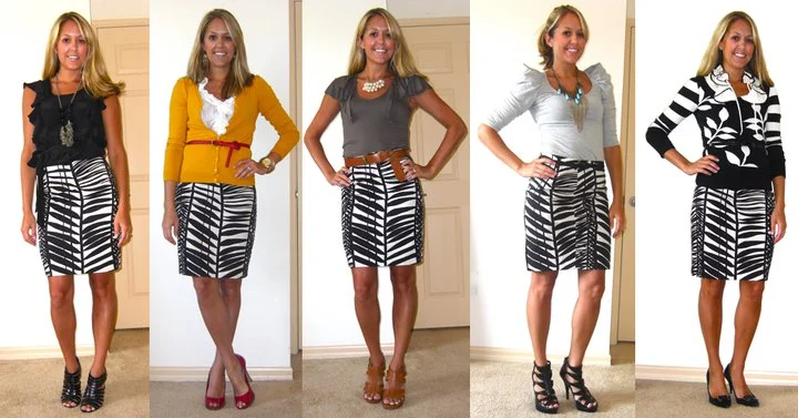 At first glance, there are a limited number of things you can wear with a patterned skirt (Limited, $30 from July 2010). I think most people's first instinct is to wear the most obvious solid color on top (in this case, black) and leave it at that. But a patterned skirt can be way more versatile than you think! I love the idea of pairing a black and ivory skirt with browns and ol ive, mustard and red, pops of turquoise or even an attempt at mixing prints (last photo).