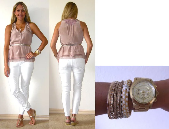 Shirt: c/o Saivana ( http://www.saivana.com/ ) Jeans: Gap, $30 Belt: Limited, $10 Shoes: Rampage/Endless.com, $20 Necklace: Banana Republic, $20 Charm: c/o Stella & Dot, $19 ( http://tinyurl.com/3v4vzbx ) Watch: Michael Kors, family gift Bangles: Forever 21, $8 White bracelet: c/o Pop of Chic, $25 ( http://tinyurl.com/5rzllq4 - detail on the right)