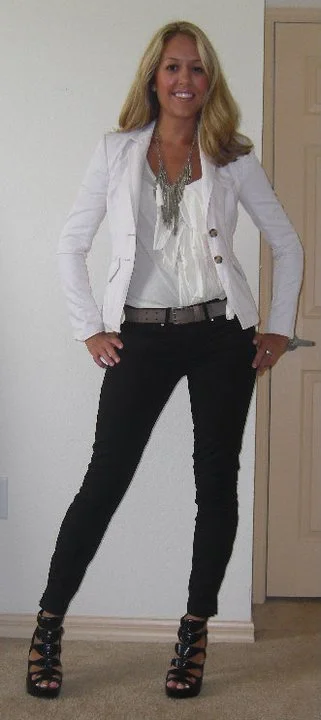 Occasion: Work Pink blazer: Banana Republic, $40 Shirt: J.Crew, $18 Necklace: Banana Republic, $13 Belt: Gap, $3 Jeans: Gap, $35 Shoes: DSW/Carlos Santana, $33 