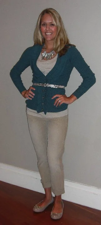 Banana Republic: Aqua ruffle cardigan, $98 (style #769767) Braided top, $49.50 (style #769723) Cords, $79.50 (style #762418) Necklace, $79.50 (style #769268) Python belt, $49.50 (style #772715) Maholo shoes in Coca Brown, $110 (style #779380) Disclaimer: I do not own these clothes. 