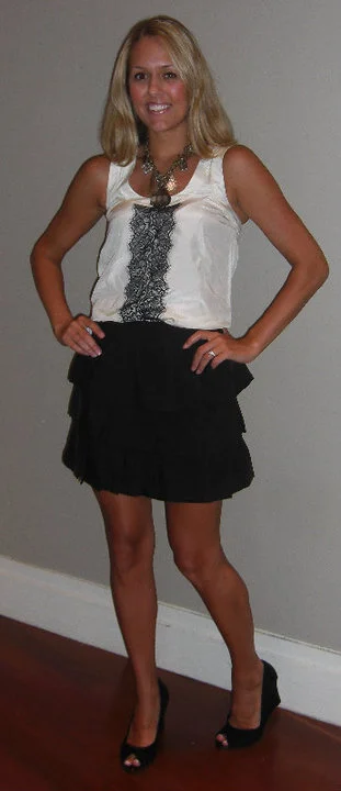 Banana Republic: Black tiered skirt, $79.50 (style #769852) Lace shirt, $69.50 (style #769814) Raina shoe in black, $98 (style #778846) Necklace, $59.50 (style #783064) Disclaimer: I do not own these clothes.