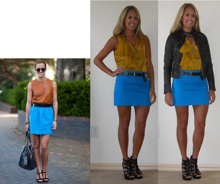 Occasion: Stockholm world premiere (band event at Planet Hollywood) Skirt: Express, $30 Shirt: Gap, $30 Belt: Forever 21, $8 Necklace: Stella & Dot, c/o Stylist Lori McMinn Shoes: Carlos Santana/DSW, $33 Jacket: Forever 21, $40 Photo left: My inspiration from Lucky.com