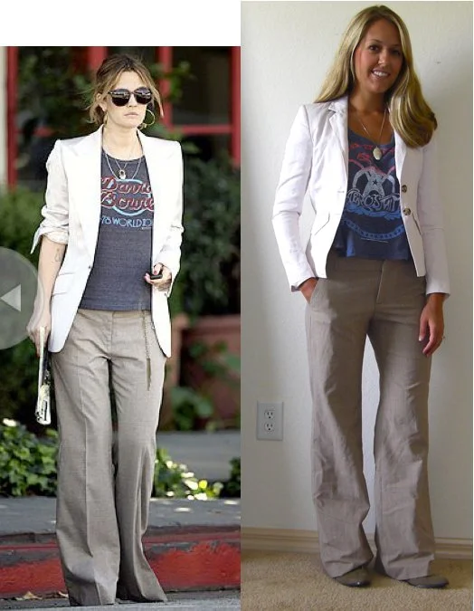 Occasion: Work Pink blazer: Banana Republic, $50 T-shirt: Forever 21, $18 Pants: Banana Republic outlet Oxfords: Forever 21, $12 Necklace: H&M Photo left: Drew Barrymore's cool style from People.com , and my inspiration for today's outfit!