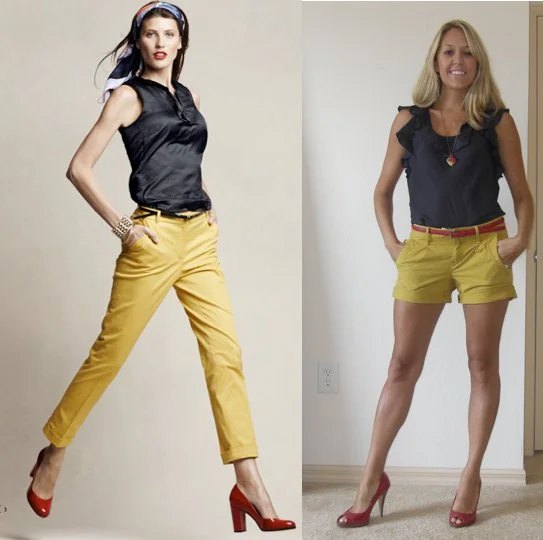 Photo left: My inspiration from Talbots.com Navy shirt: Banana Republic, $50 Yellow shorts: Gap, $25 Red shoes: Delicious/Shoe Carnival, $10 Red belt: Forever 21, $4 Necklace: H&M