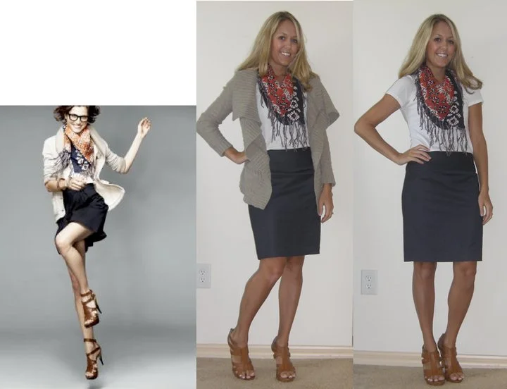 Scarf: Gap, $10 T-shirt: Gap, $10 Navy skirt: Limited, $25 Shoes: Chinese Laundry/DSW, $40 Sweater: Gap, $50 Photo left: My inspiration (and the reason I bought this scarf) from Gap.com. Middle photo is how I would be wearing it if I still lived in Boston, photo right is how I'll wear it in sunny Florida