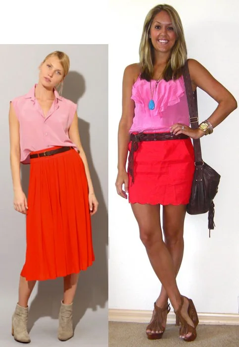 Occasion: Blogger dinner (see picture below!) Inspiration photo: Pixie Market Shirt: Banana Republic, $30 ( http://tinyurl.com/3cyxaaa ) Skirt: Forever 21, $16 Belt: Abercrombie, really old Necklace: Forever 21, $8 Purse: Juicy Couture/Neiman Marcus, $115 Watch: Michael Kors, family gift ( http://amzn.to/p3tIQV ) Bracelets: Forever 21, $8 Shoes: c/o Chinese Laundry ( http://tinyurl.com/3v2gp48 )