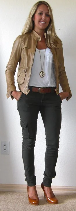 Occasion: Work or weekend Leather jacket: Banana Republic, $150 T-shirt: Forever 21, $8 Necklace: Forever 21, $8 Cargos: Sanctuary Surplus/Nordstrom Rack, $40 Belt: H&M Shoes: Endless.com/Restricted , $39