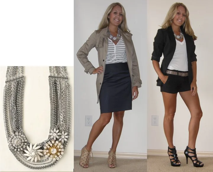 Necklace: Stella & Dot ( http://www.stelladot.com/sites/deneeb ) Photo left - see previous photo for details Photo right Blazer: Express T-shirt: Gap, $10 Shorts: Forever 21, $20 Belt: Gap, $3 Shoes: Carlos Santana/DSW, $33 