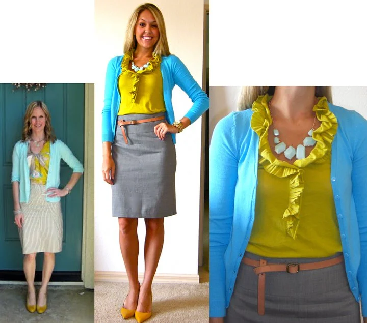 Occasion: Work Inspiration photo: Found in my Closet Cardigan: H&M, $18 (recent) Shirt: J.Crew, $25 Belt: Gap, $10 Skirt: Banana Republic, $40 Shoes: Bandolino via TJ Maxx, $25 (similar: http://tinyurl.com/3uleyza ) Necklace: Charlotte Russe, $9
