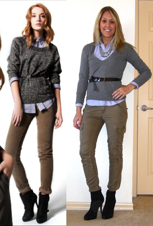 Occasion: Work Photo left: Shopbop.com Sweater: American Eagle, $30 Shirt: Ralph Lauren outlet, $20 Cargos: TJ Maxx, $17 Belt: Express Boots: Cynthia Rowley/TJ Maxx, $85 Necklace: JcPenney, $20