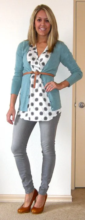 Shirt: The Unique Closet, $36.50 Cardigan: Banana Republic, $35 Belt: Gap, $10 Jeans: Gap, $30 Shoes: Restricted/Endless.com, $39 Just like J: Unique Closet shirt, $36.50 http://www.theuniquecloset.com/catalog/connect-dots-p-131.html Gap cardigan in Dew Drop, $39.50 http://www.gap.com/browse/product.do?cid=8993&vid=1&pid=802761 Lands End gray jeans, $23.99 http://canvas.landsend.com/pp/GraySuperSlimJeans-80424_212450_-1.html?cm_mmc=Froogle-_-null-_-Canvas-_-data_feed Restricted pumps, $34.99 http://www.sears.com/shc/s/p_10153_12605_05457098000P?prdNo=12&blockNo=12&blockType=G12