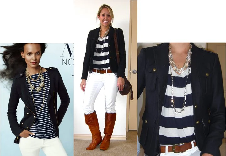 Occasion: Church and grocery shopping Photo left: AnnTaylor.com Wool jacket: LOFT, $50 Shirt: Forever 21, $18 Belt: H&M, $18 Jeans: Gap, $30 Boots: Bakers, $95 Short necklace: Banana Republic, $18 Long necklace: LOFT, $15 Purse: Juicy Couture/Neiman Marcus Last Call, $115