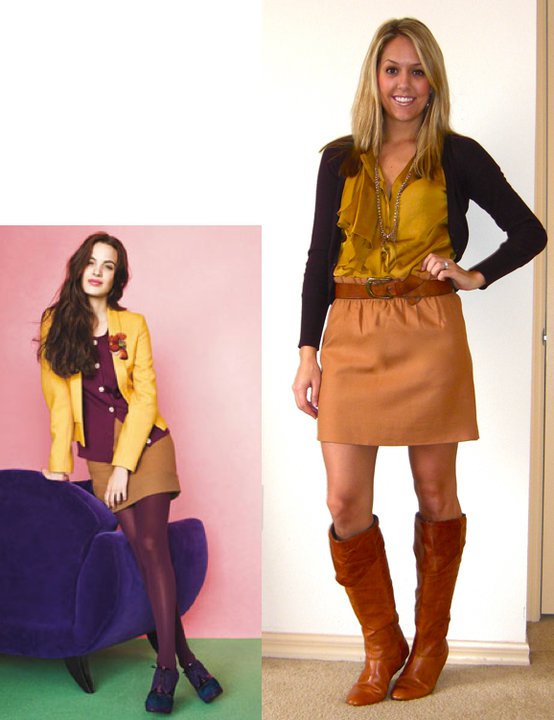 Photo left: Lucky magazine Cardigan: Express, really old Shirt: Gap, $30 Skirt: J.Crew, $45 Belt: H&M, $20 Boots: Bakers, $95 Necklace: Stella & Dot, c/o Lori McMinn ( http://www.stelladot.com/sites/lorimcminn/productcatalog?page=productdetail&sku=N134G )