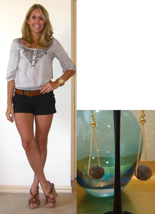 Occasion: Photo shoot with Brink magazine Shirt: c/o Varga Store, $44 ( http://tinyurl.com/4rnr92x ) Shorts: Forever 21, $20 Belt: H&M, $20 Shoes: Guess/DSW, $20 Necklace: c/o Designs by Mandi, $14 Watch: Michael Kors, Christmas present ( http://amzn.to/p3tIQV ) Bracelets: Forever 21, $8 Earrings (photo right): c/o Pop of Chic, $12 ( http://tinyurl.com/4psccud )
