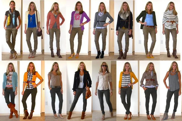 Check it out ladies... 17 ways to wear skinny cargo pants!! To be fair, these are actually two different pants. One is light khaki (top row) and the other is dark green (bottom row), but no matter what shade your cargos may be, any of these color combinations should work! Styling tips: Shoes in all shapes and sizes work with these pants. Flat boots, lace-up boots, round pumps, pointy pumps, tie-up wedges. In colors like soft gray, cognac, black, dark brown, nude, and mustard yellow. Clearly the options are endless