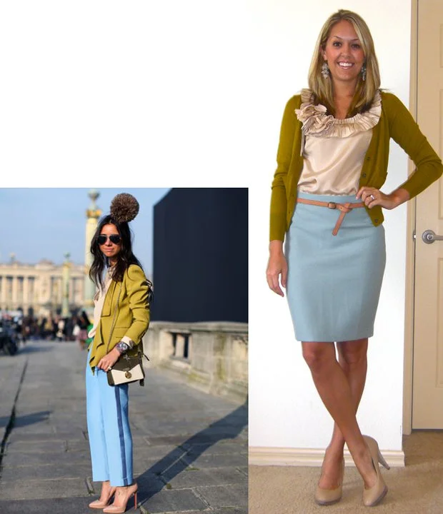 Occasion: Work Inspiration photo: Harper's Bazaar Cardigan: LOFT, $20 Shirt: J.Crew, $40 Skirt: LOFT, $55 Belt: Gap, $10 Shoes: Banana Republic, $22 Earrings: Urban Outfitters, $5