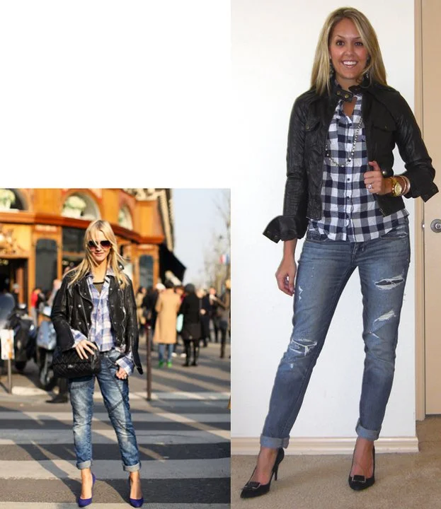 Inspiration photo: Harper's Bazaar Jacket: Forever 21, $40 Shirt: Forever 21, $18 Necklace: LOFT, $20 Jeans: American Eagle, $33 Shoes: Calvin Klein/Filene's Basement, $70 Watch: Michael Kors, watch ( http://amzn.to/p3tIQV ) Bracelets: Forever 21, $8 