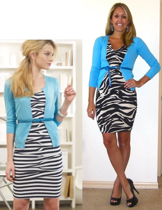 Inspiration photo: Nordstrom Dress: Moda, c/o MJR Sales.com , $27 ( http://tinyurl.com/4xg35sa ) Cardigan: H&M, $18 Belt: American Eagle, $15 ( http://tinyurl.com/4mbee8b ) Shoes: Steve Madden/Ross, $20 Earrings: Urban Outfitters, $5