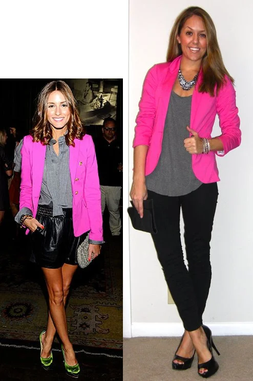 Inspiration photo: People.com Blazer: H&M, $37 (recent) Shirt: Forever 21, $8 Jeans: Gap, $35 Shoes: Steve Madden from Ross, $15 Necklace: JcPenney, $15 Purse: Urban Outfitters, $30 Bracelets: Forever 21, Banana