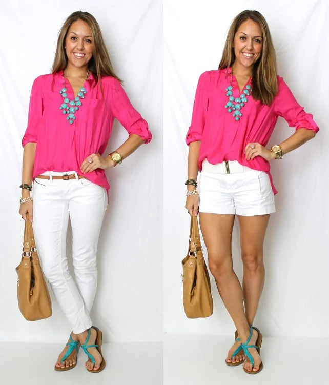 Shirt: Moda c/o MJR Sales, $24 - http://www.mjrsales.com/?ref=4 Necklace: H&M, $14 - http://bit.ly/FPZgFh , http://bit.ly/z3D0qS Jeans: Gap, $30 Shorts: Gap, $24 Belts: Gap, $15 and H&M, $5 Shoes: Express, $15 Purse: Calvin Klein from TJ Maxx, $120 Watch: Michael Kors, family gift - http://amzn.to/qqJe2S Bracelets: My Stella & Dot website $49 and $59 - http://bit.ly/tXB9AY http://bit.ly/xYr6Qy Rings: LOFT $10 http://bit.ly/zY4AcD , My Stella & Dot website, $49 http://bit.ly/AhOhO4
