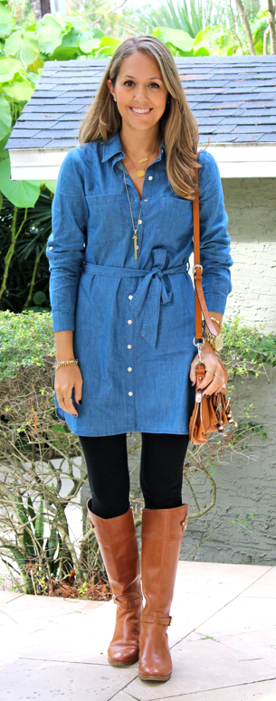 shirt dress with leggings and boots