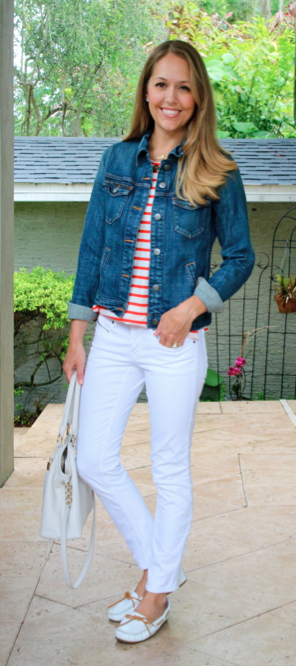 white jeans with blue denim jacket
