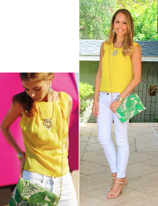 white jeans yellow top