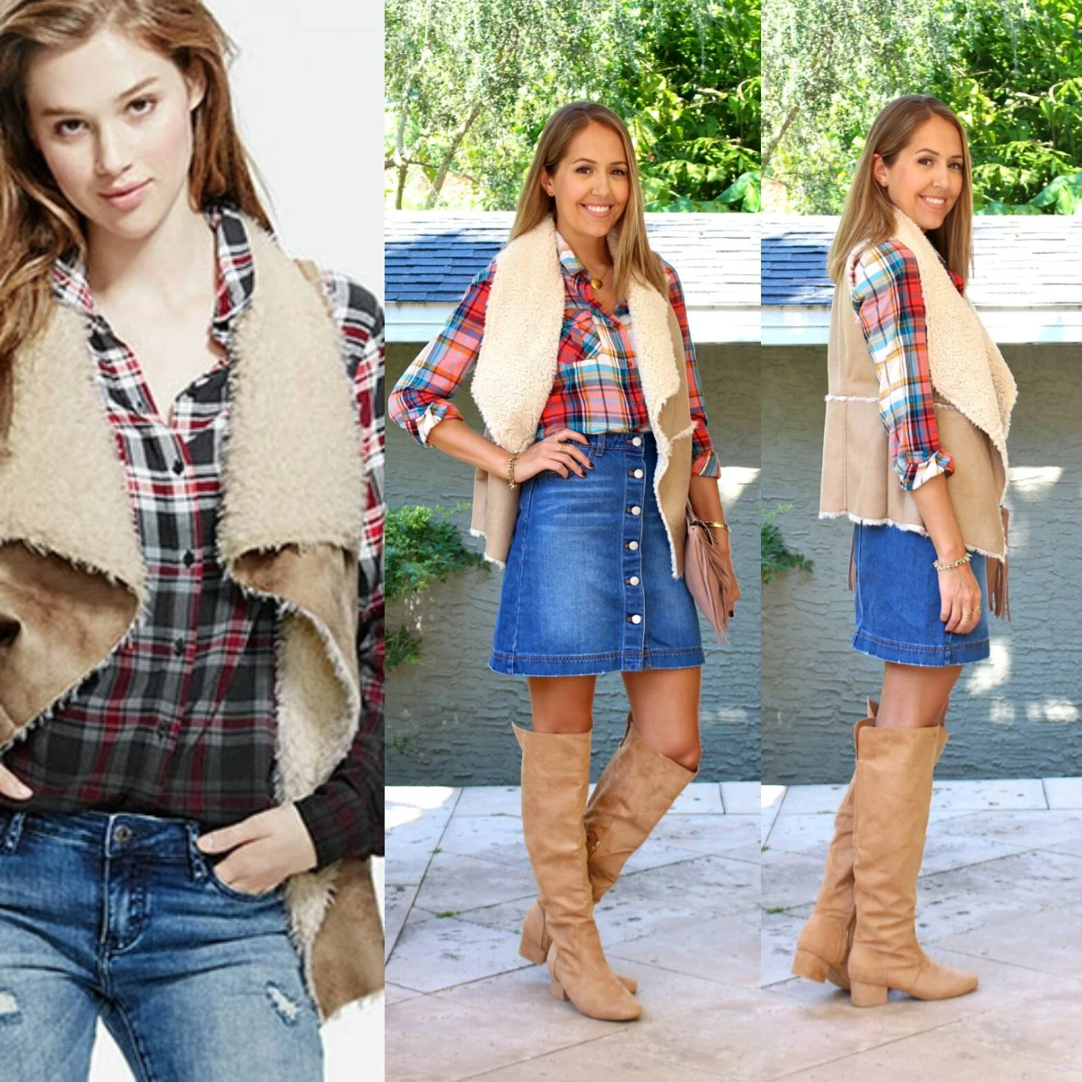 Shearling Vest + Jean Skirt