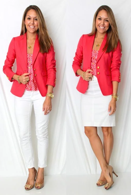 Blazer: Banana Republic, $69 Shirt: Forever 21, $11 - http://bit.ly/wWryC8 Jeans: Gap, $35 Skirt: Banana Republic, $35 Belt (right): H&M, $5 Shoes: BCBG from Ross, $20 Necklace: My Stella & Dot website, $79 - http://bit.ly/HmhtGL Rings: LOFT pink ring $11, My Stella & Dot website $49 Watch: Michael Kors, family gift Bracelets: Banana Republic $10, My Stella & Dot website $49