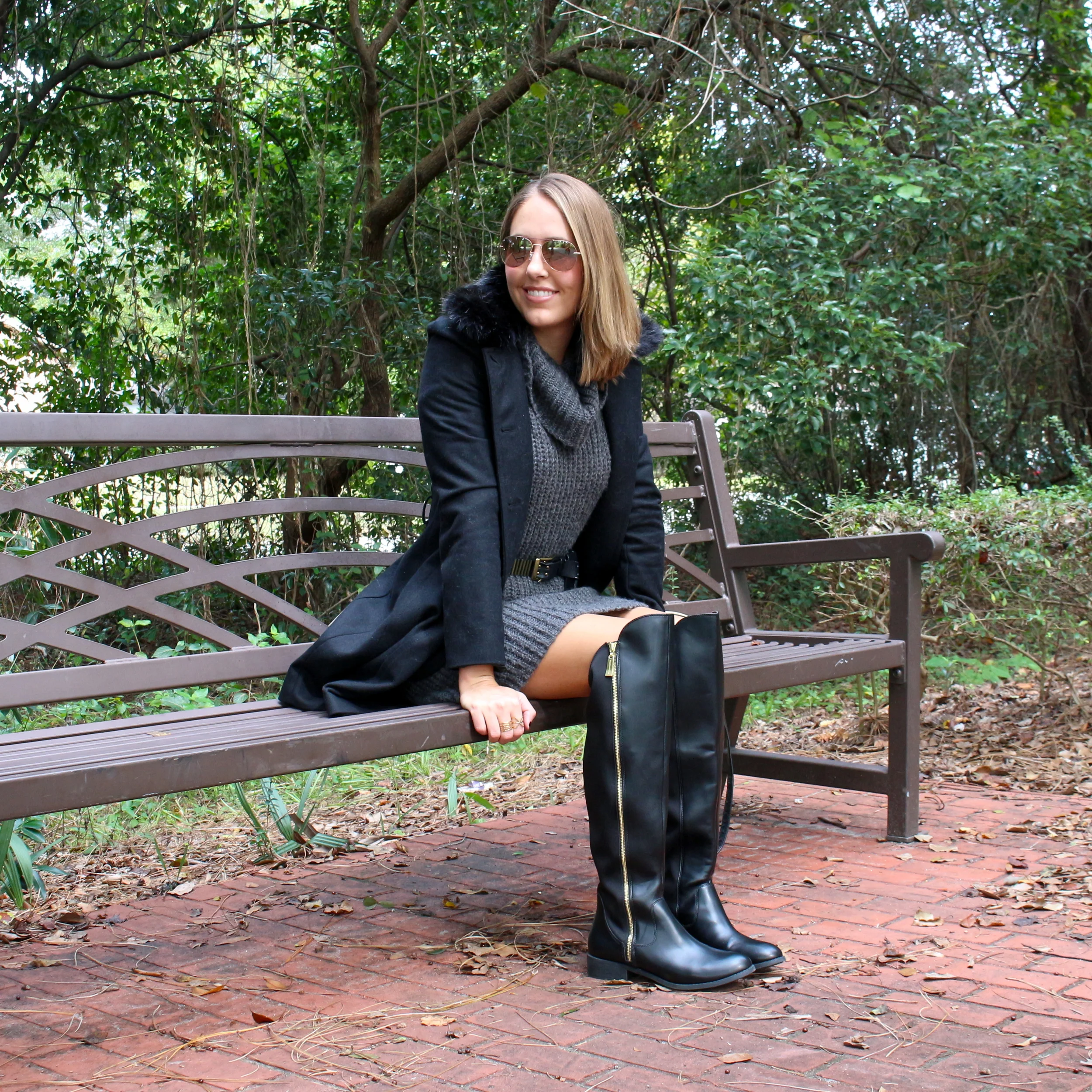 Black coat, gray sweater dress, Payless boots