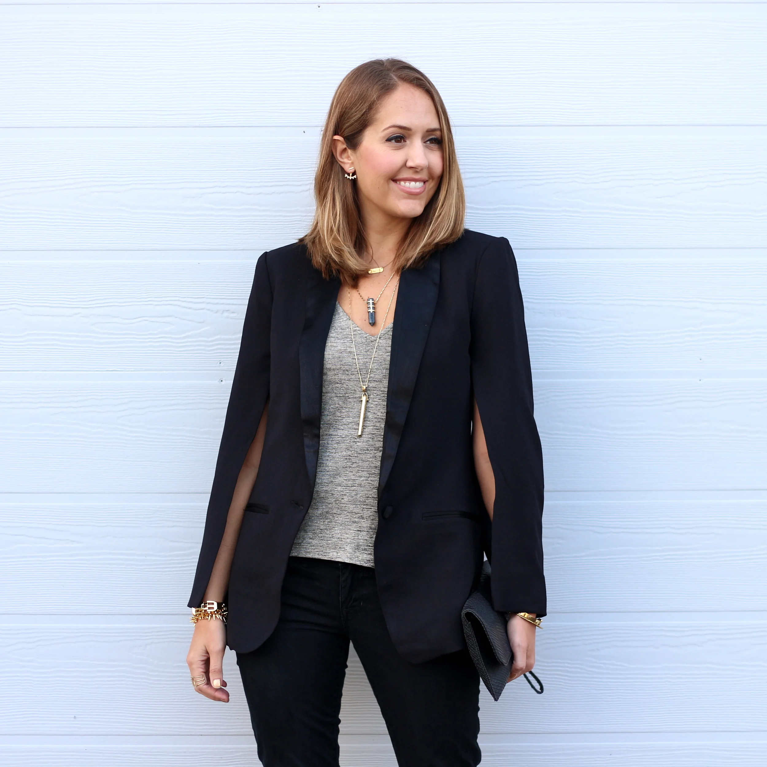 black cape blazer outfit