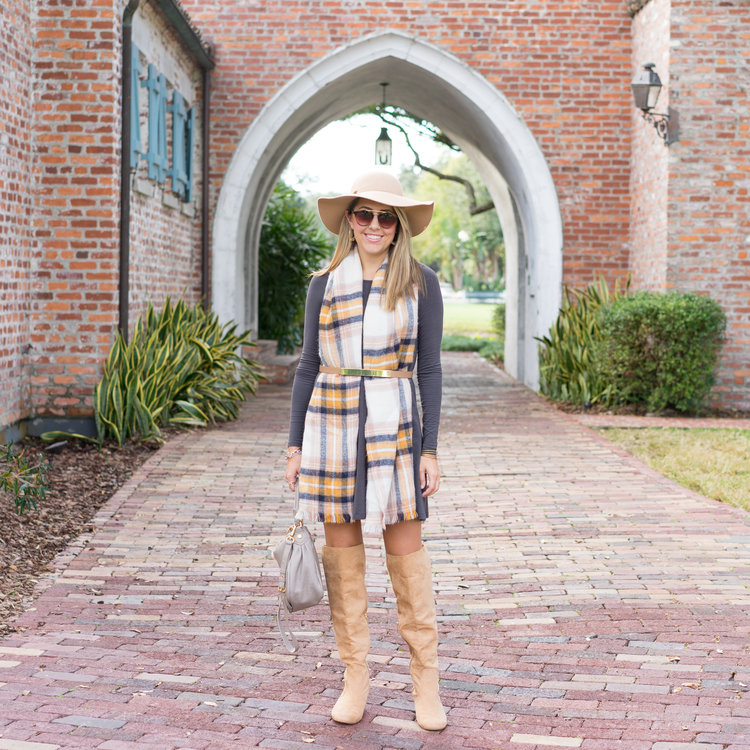 Plaid+scarf,+long+sleeve+dress,+over+the+knee+boots.jpeg