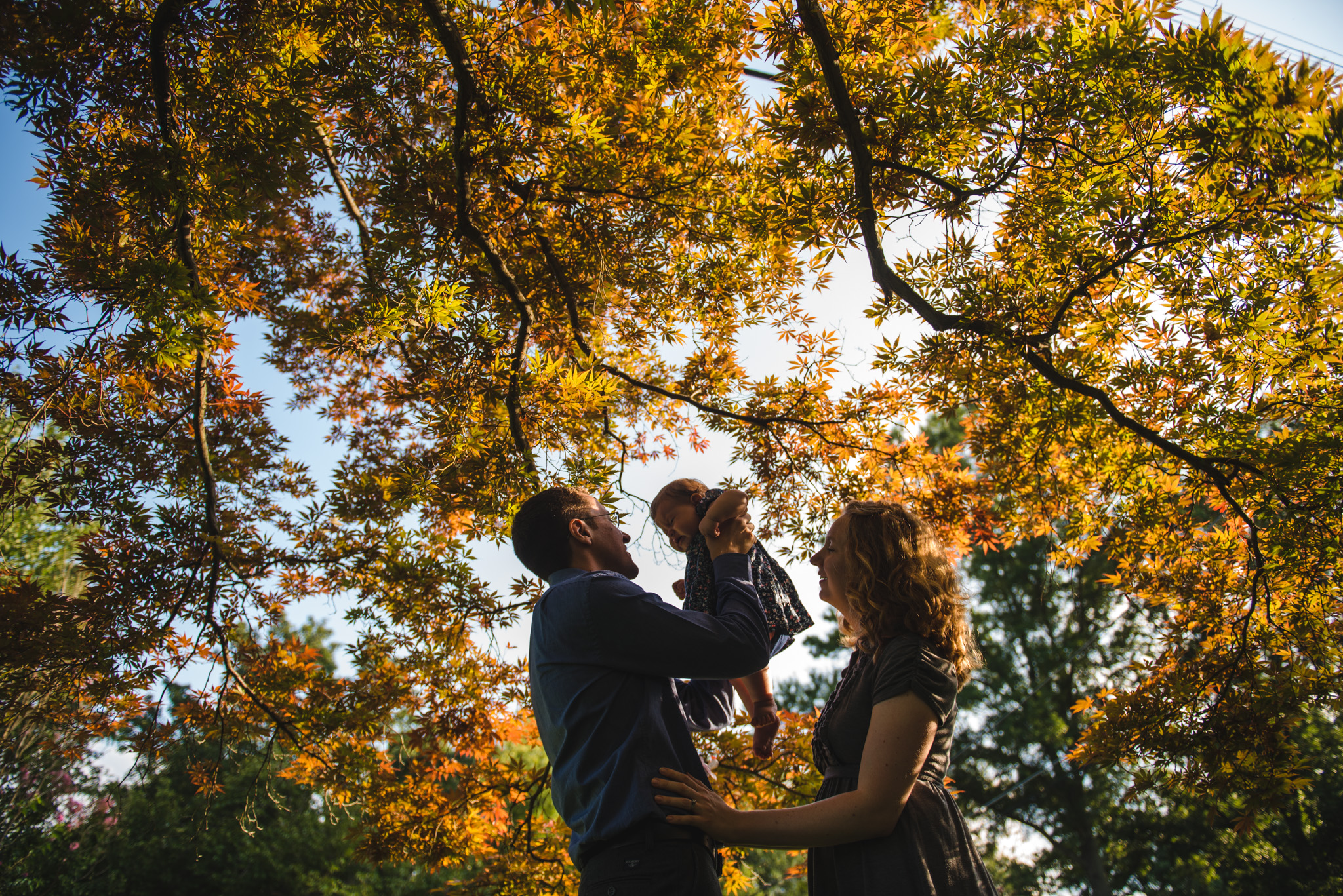 A husband and wife hold their baby girl under a beautiful oak tree in the fall