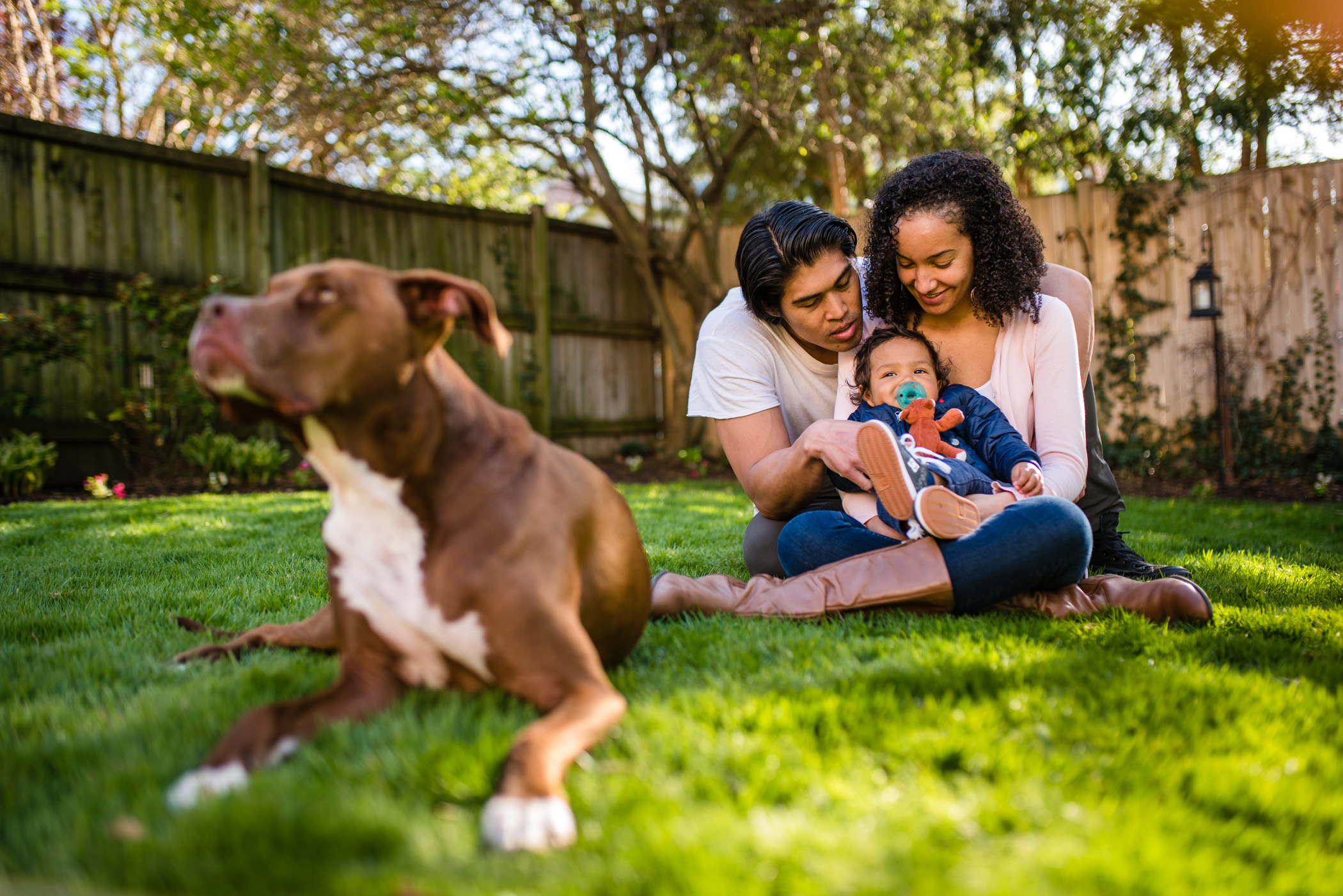A young couple with their baby and dog sitting in their backyard