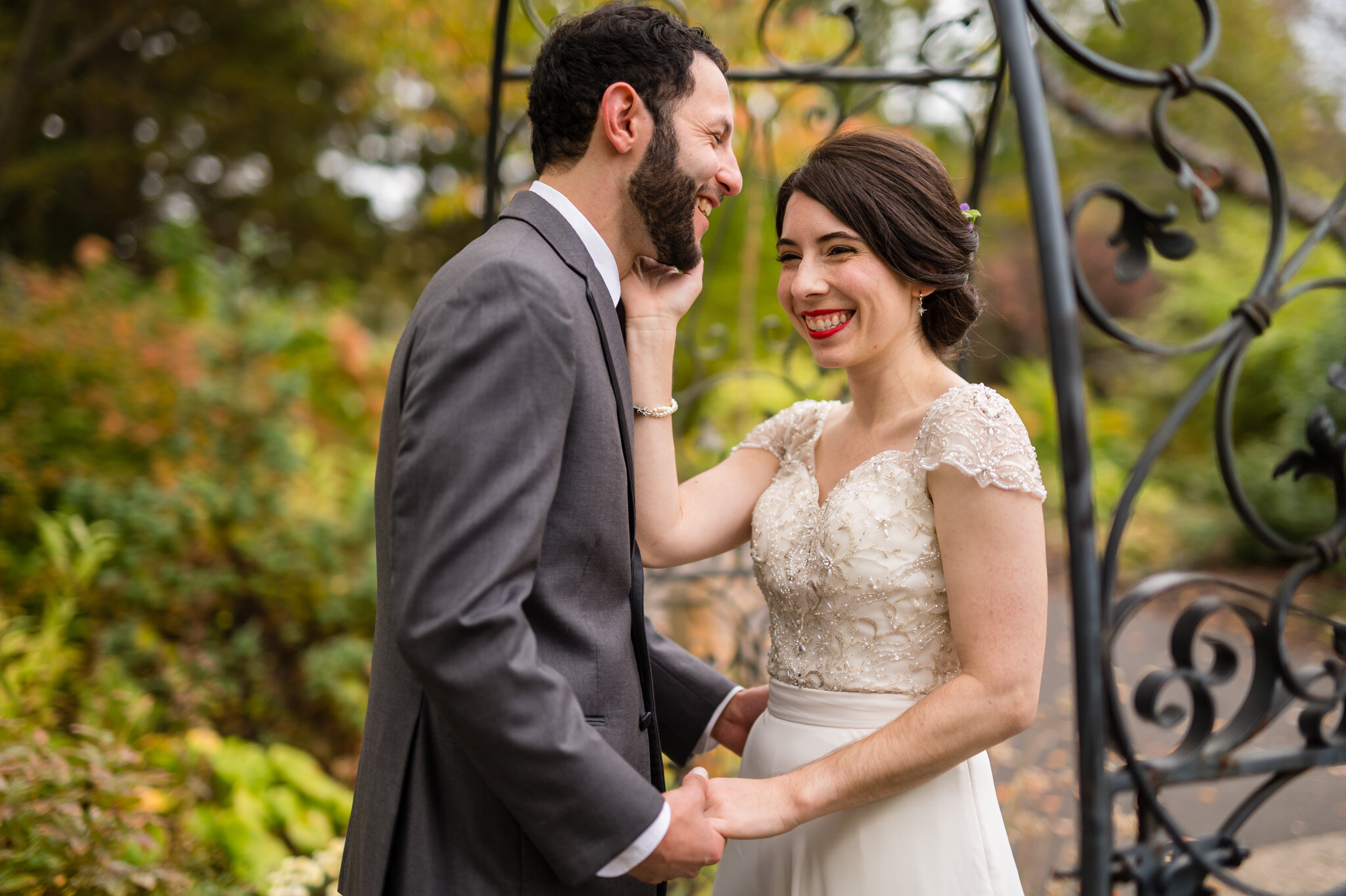 Playful wedding day first look