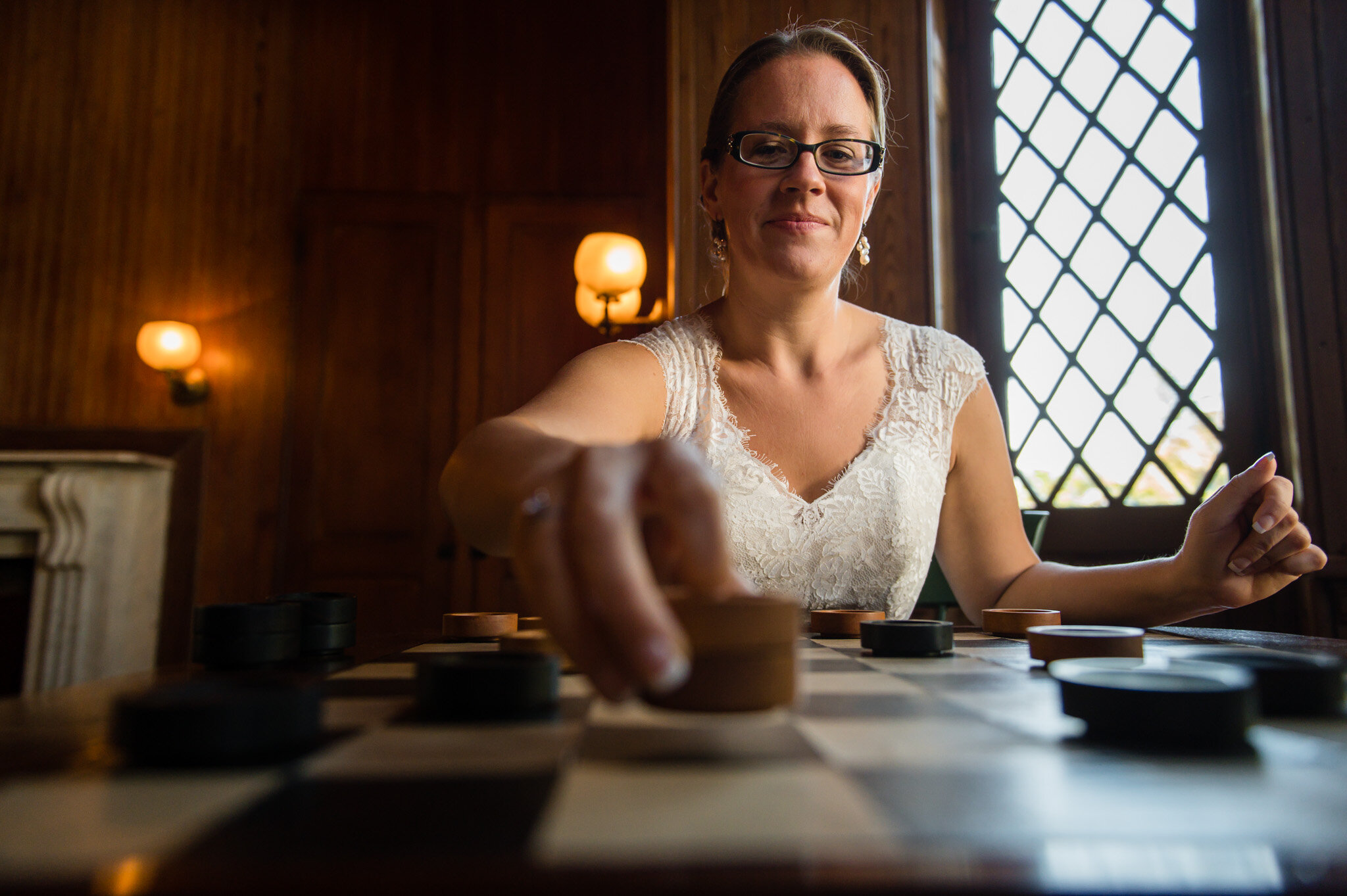 Bride playing checkers