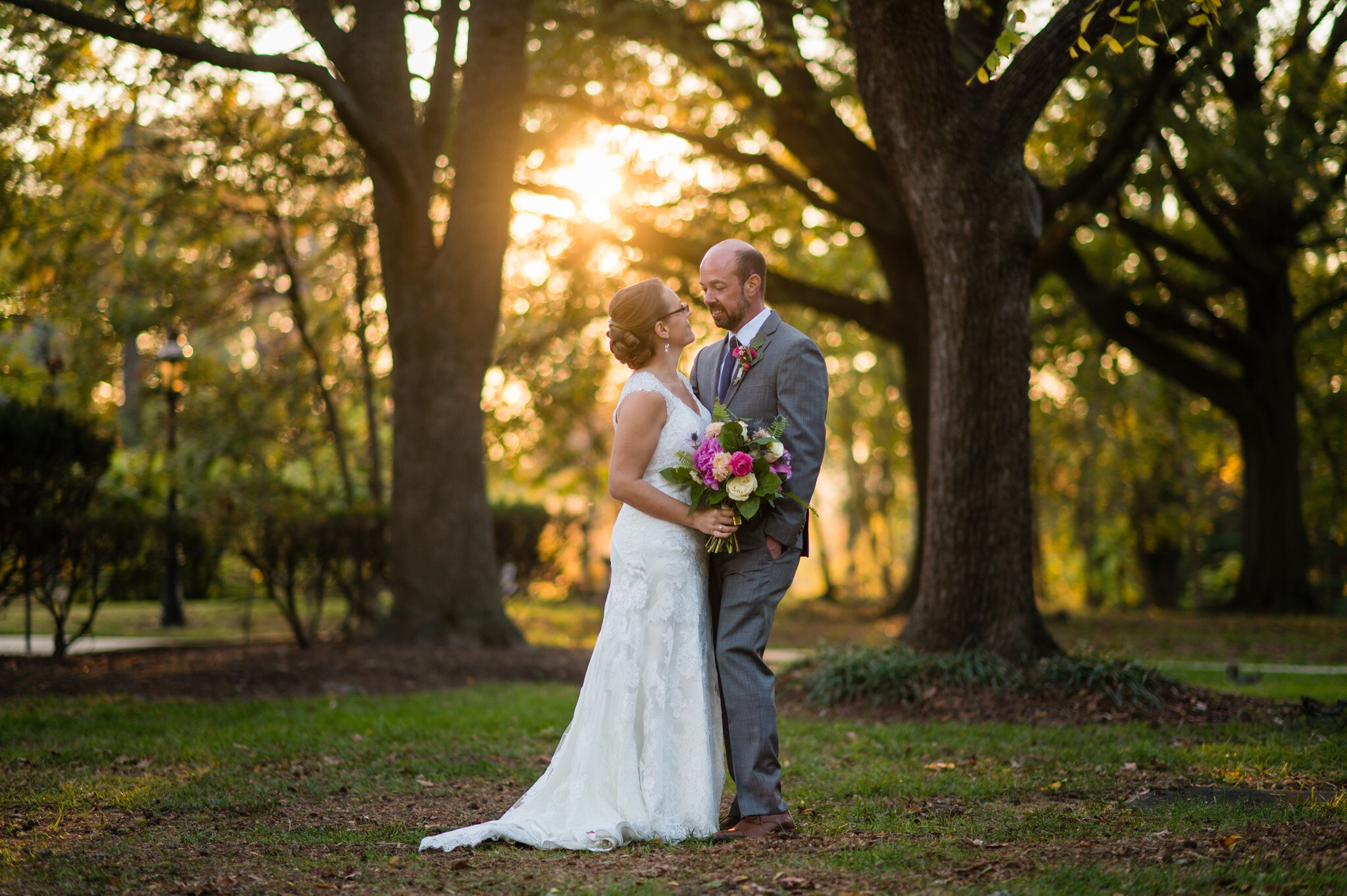 wedding couple in sunset glow