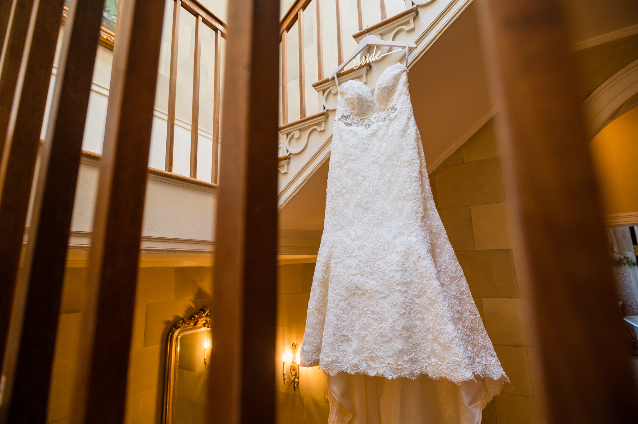 Wedding dress hanging at Belmont Country Club