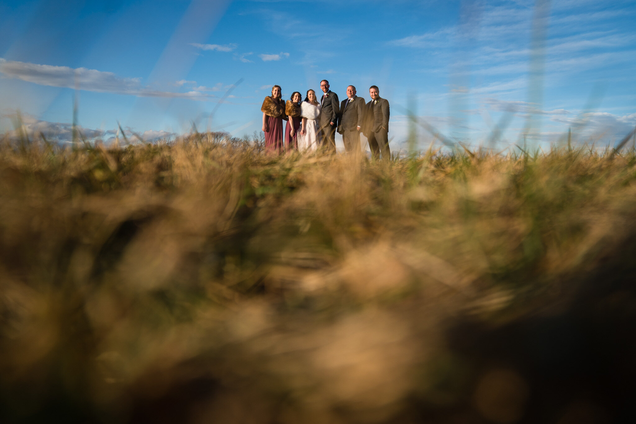 Bridal party standing on the hill at Linganore Winery