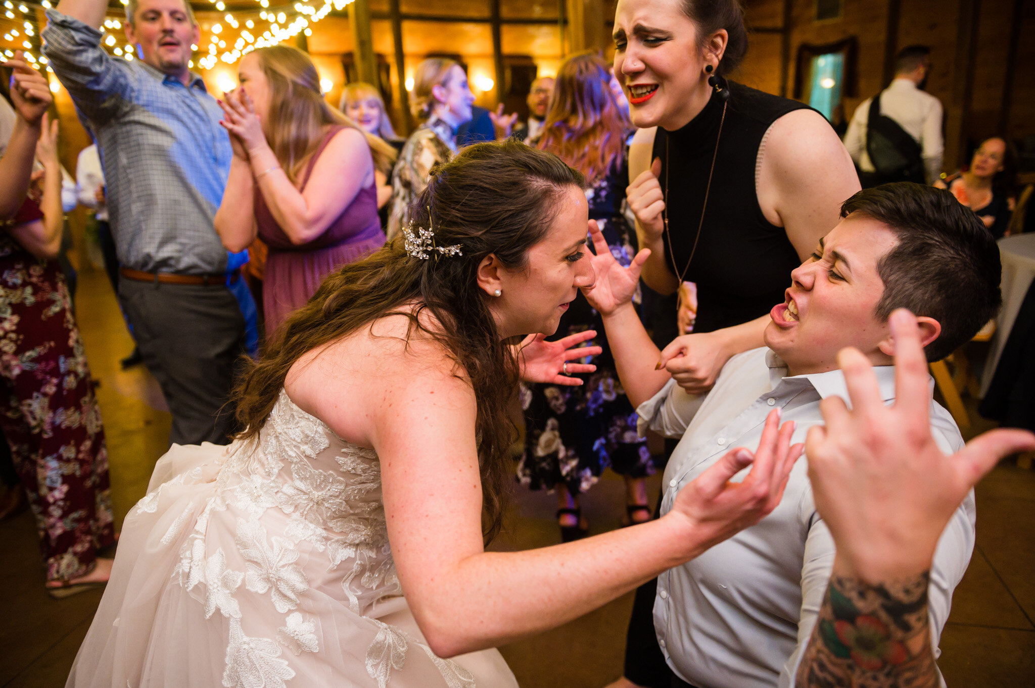 fun dancing at a wedding reception