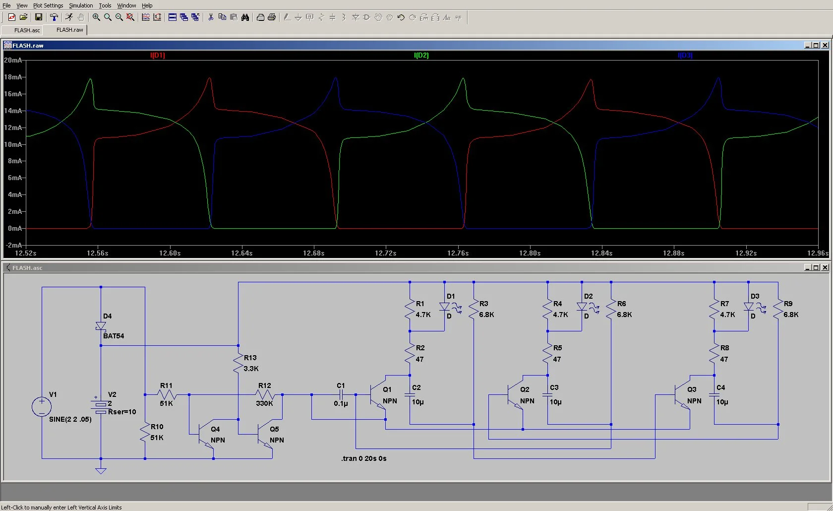 Current flickering through the three LEDs