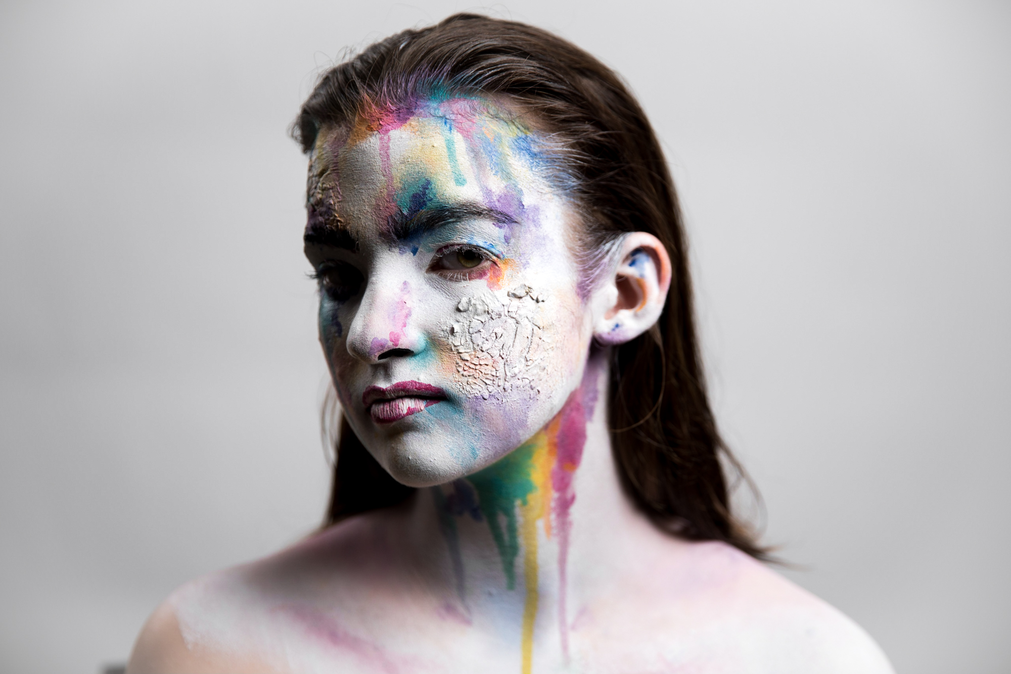 The whole day Eliza had a stoic look on her face which worked well for the final shot. But we realized she actually couldn't do much else with her face because the paint was so stiff and constricting. 